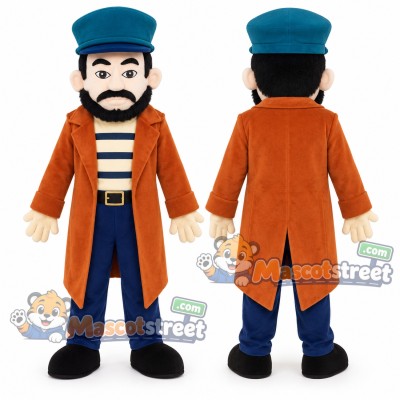 Bearded Sea Captain Mascot Costume with Orange Coat and Blue Hat Bearded Sea Captain Mascot Costume with Orange Coat and Blue Hat
