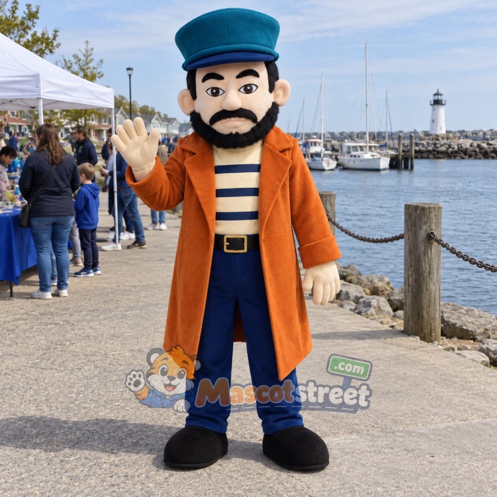 Bearded Sea Captain Mascot Costume with Orange Coat and Blue Hat Bearded Sea Captain Mascot Costume with Orange Coat and Blue Hat