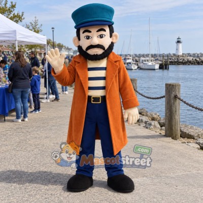 Bearded Sea Captain Mascot Costume with Orange Coat and Blue Hat Bearded Sea Captain Mascot Costume with Orange Coat and Blue Hat