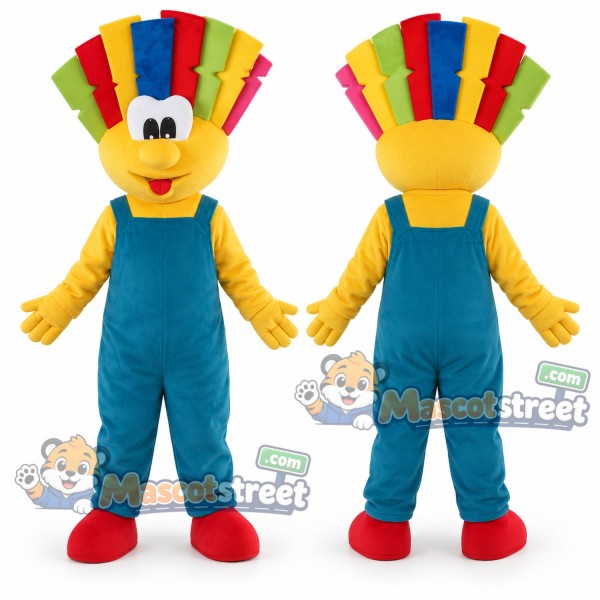 Clown Mascot Costume with Teal Overalls and Rainbow Hat
