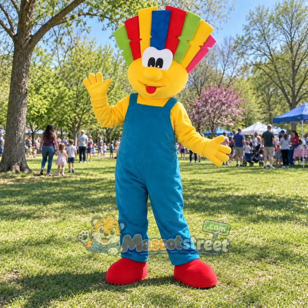 Clown Mascot Costume with Teal Overalls and Rainbow Hat Clown Mascot Costume with Teal Overalls and Rainbow Hat