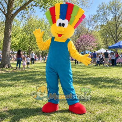 Clown Mascot Costume with Teal Overalls and Rainbow Hat Clown Mascot Costume with Teal Overalls and Rainbow Hat
