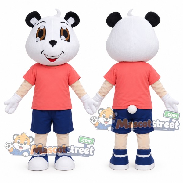 Panda Mascot Costume with Coral Shirt and Navy Shorts