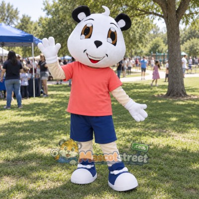 Panda Mascot Costume with Coral Shirt and Navy Shorts Panda Mascot Costume with Coral Shirt and Navy Shorts