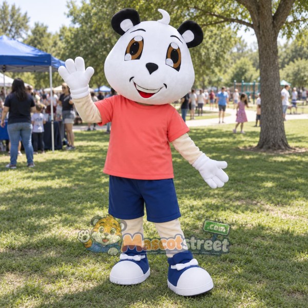 Panda Mascot Costume with Coral Shirt and Navy Shorts