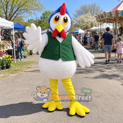 White Hen Mascot Costume with Green Vest White Hen Mascot Costume with Green Vest
