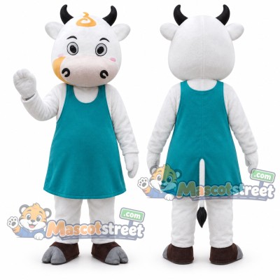 White Cow Mascot Costume with Teal Dress