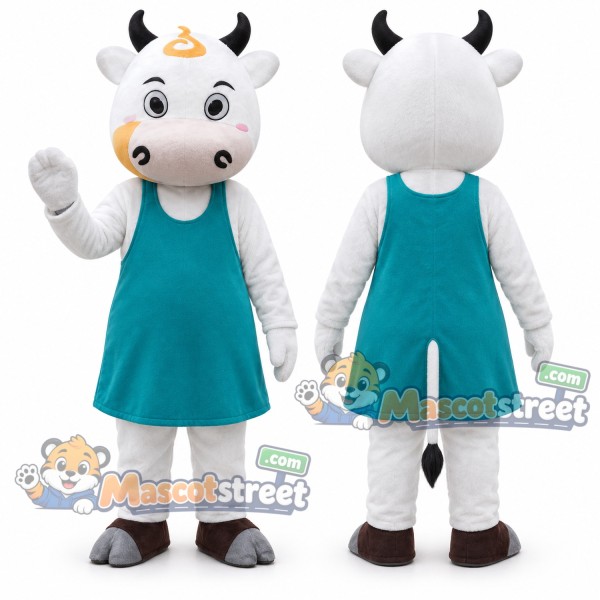White Cow Mascot Costume with Teal Dress