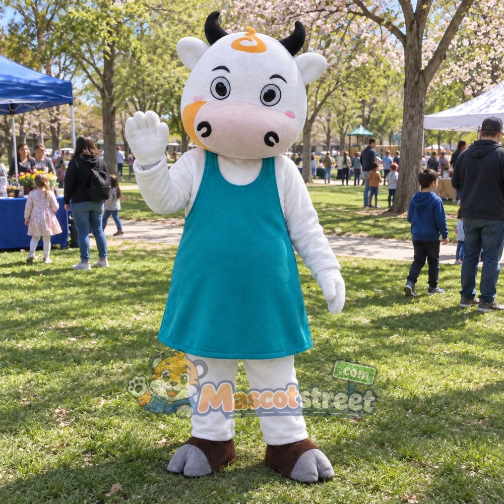 White Cow Mascot Costume with Teal Dress