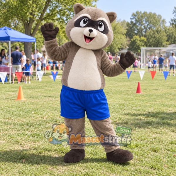 Gray Raccoon Mascot Costume with Blue Shorts