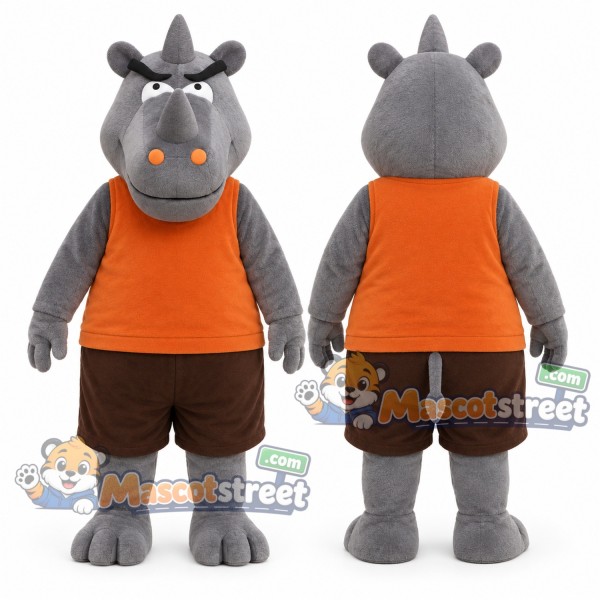Gray Rhino Mascot Costume with Orange Shirt and Brown Shorts