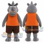 Gray Rhino Mascot Costume with Orange Shirt and Brown Shorts