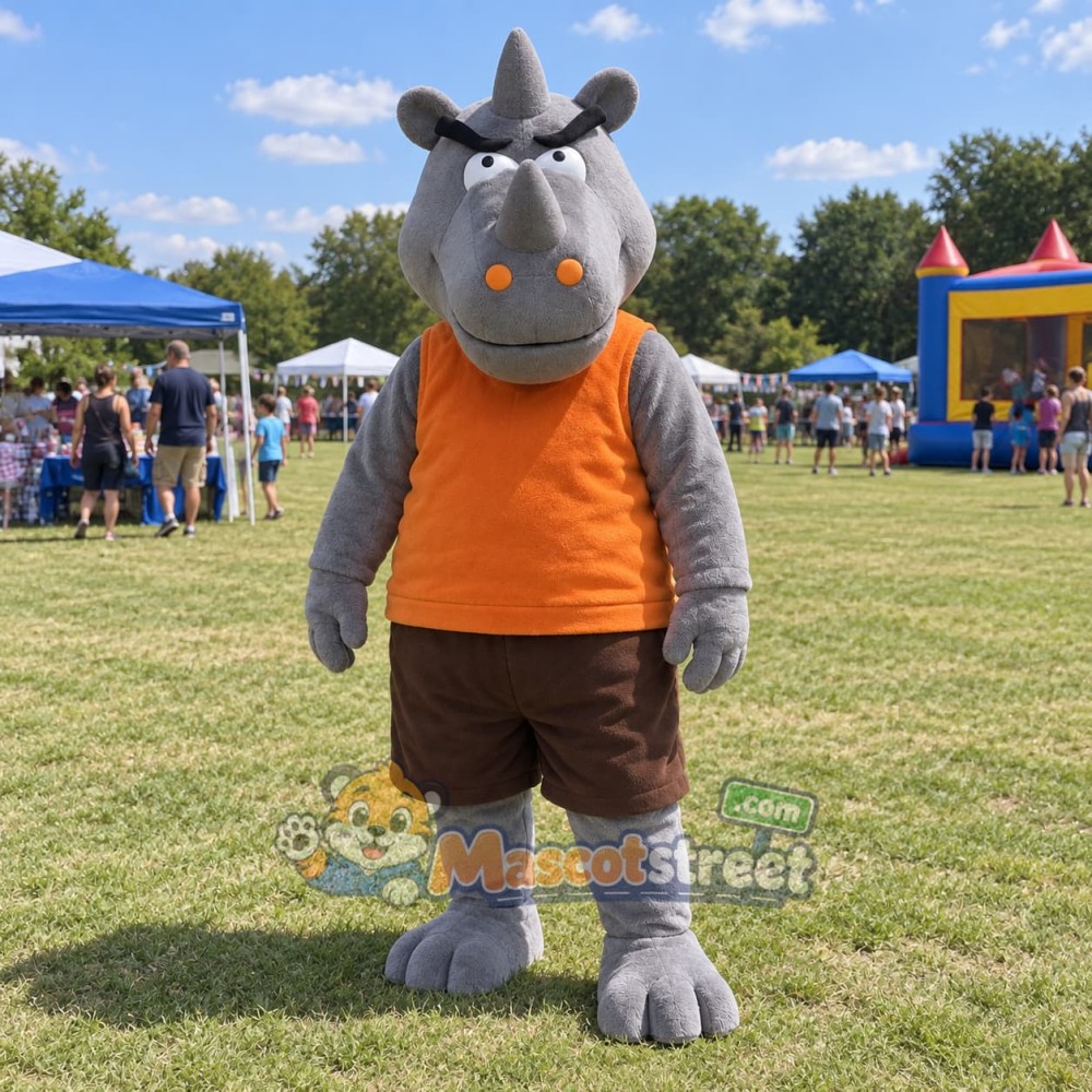 Gray Rhino Mascot Costume with Orange Shirt and Brown Shorts