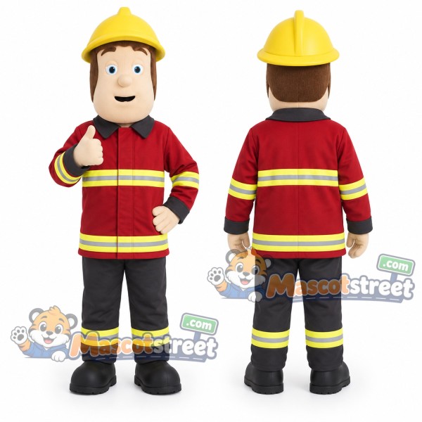 Firefighter Mascot Costume with Red Uniform and Yellow Helmet