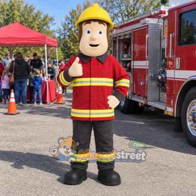 Firefighter Mascot Costume with Red Uniform and Yellow Helmet Firefighter Mascot Costume with Red Uniform and Yellow Helmet
