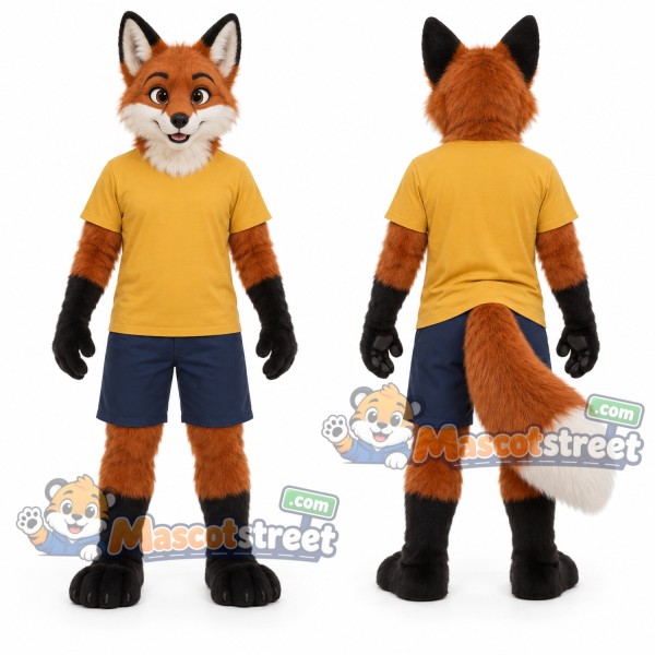 Orange Fox Mascot Costume with Yellow Shirt and Navy Shorts
