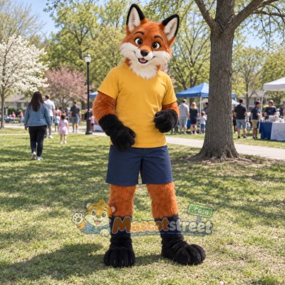 Orange Fox Mascot Costume with Yellow Shirt and Navy Shorts Orange Fox Mascot Costume with Yellow Shirt and Navy Shorts