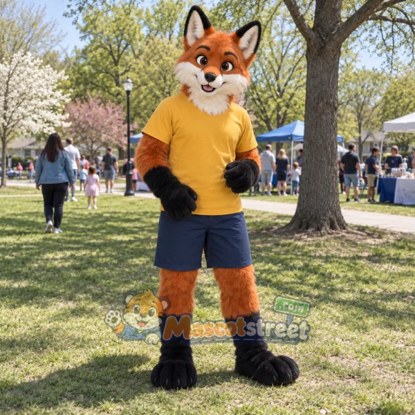 Orange Fox Mascot Costume with Yellow Shirt and Navy Shorts