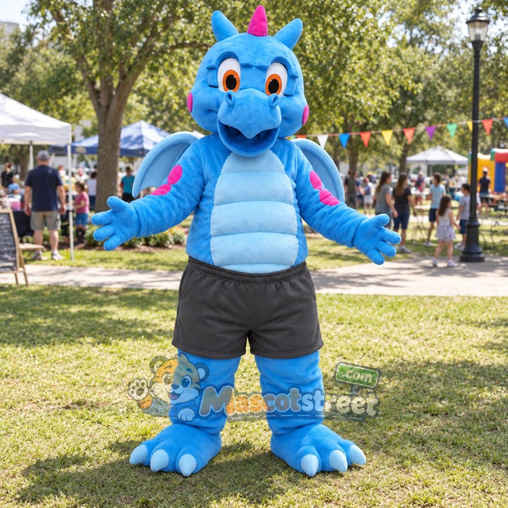 Blue Dragon Mascot Costume with Gray Shorts Blue Dragon Mascot Costume with Gray Shorts
