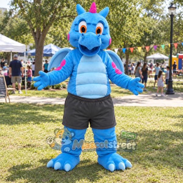 Blue Dragon Mascot Costume with Gray Shorts