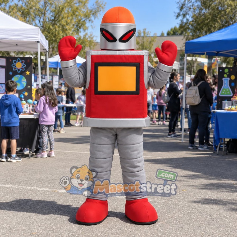 Red Robot Mascot Costume with Silver Arms and Legs