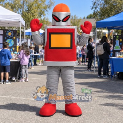 Red Robot Mascot Costume with Silver Arms and Legs
