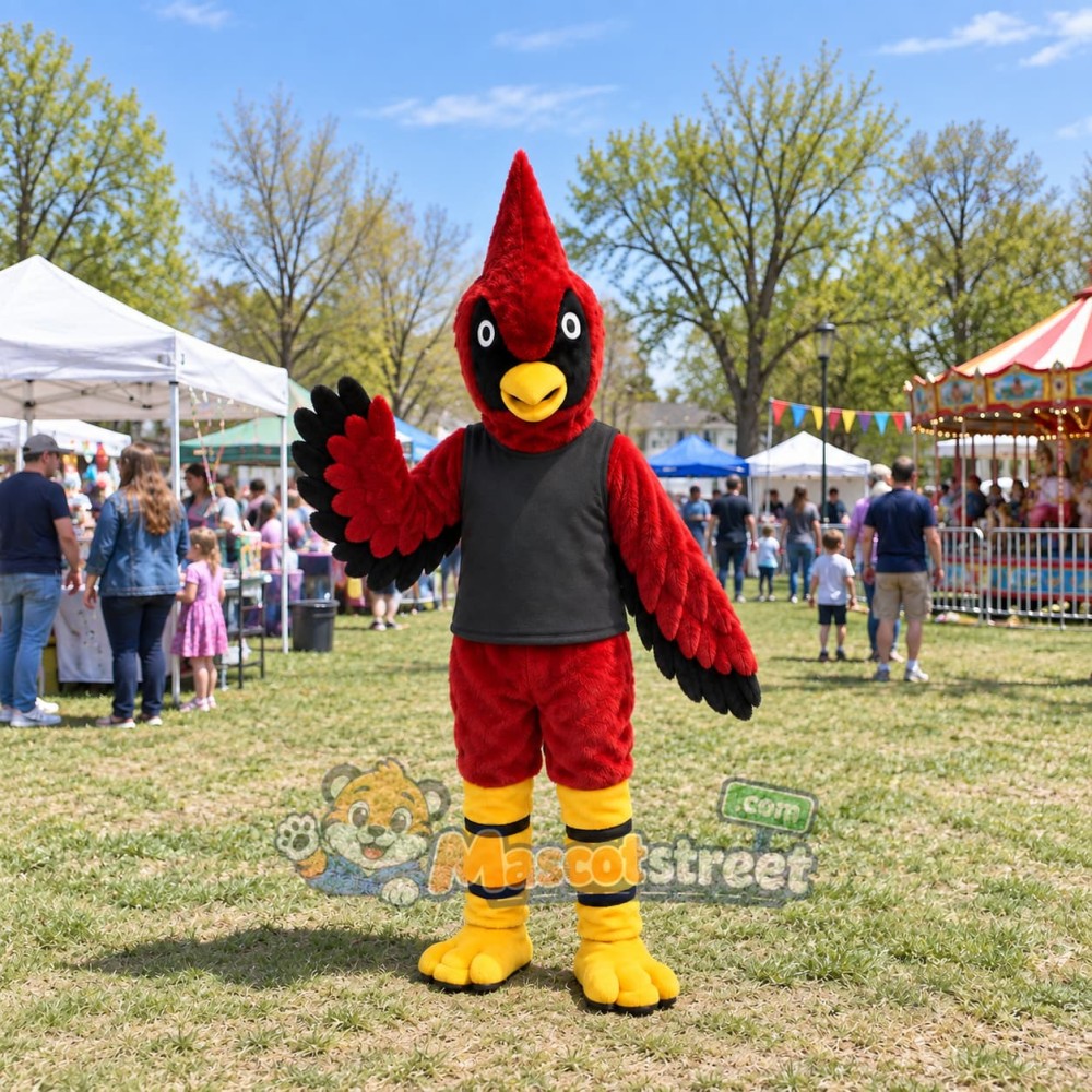 Red Woodpecker Mascot Costume with Black Vest