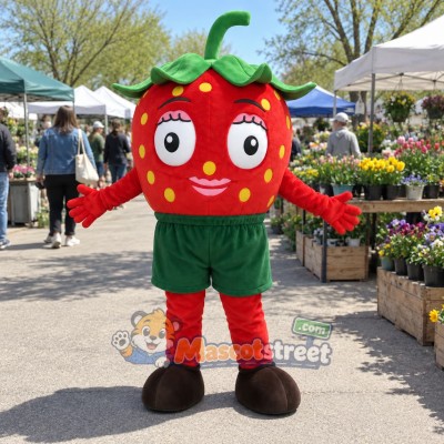 Red Strawberry Mascot Costume with Green Shorts