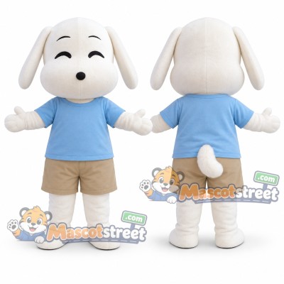 White Dog Mascot Costume with Blue Shirt and Khaki Shorts White Dog Mascot Costume with Blue Shirt and Khaki Shorts