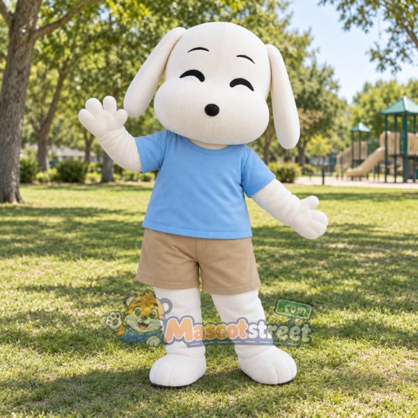 White Dog Mascot Costume with Blue Shirt and Khaki Shorts