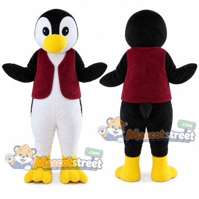 Black and White Penguin Mascot Costume with Burgundy Vest Black and White Penguin Mascot Costume with Burgundy Vest