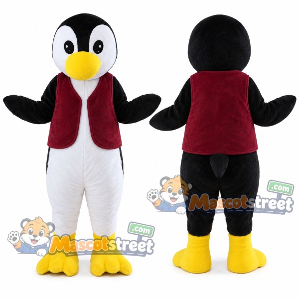 Black and White Penguin Mascot Costume with Burgundy Vest