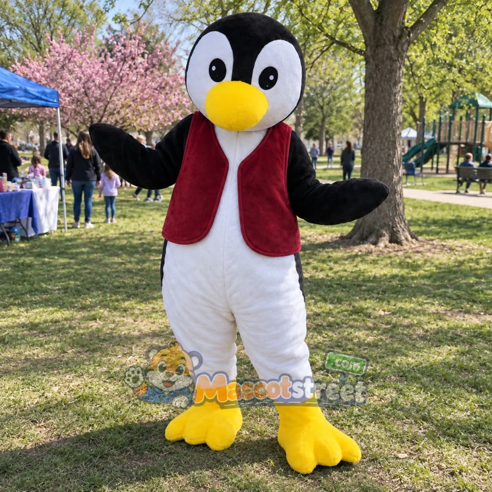 Black and White Penguin Mascot Costume with Burgundy Vest Black and White Penguin Mascot Costume with Burgundy Vest