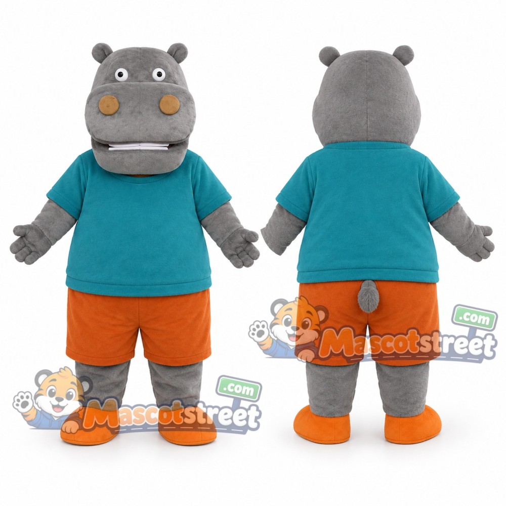 Gray Hippo Mascot Costume with Teal Shirt and Orange Shorts Gray Hippo Mascot Costume with Teal Shirt and Orange Shorts
