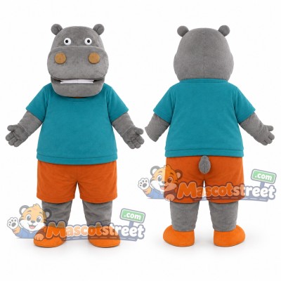 Gray Hippo Mascot Costume with Teal Shirt and Orange Shorts Gray Hippo Mascot Costume with Teal Shirt and Orange Shorts