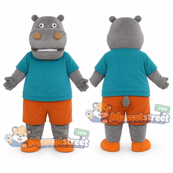 Gray Hippo Mascot Costume with Teal Shirt and Orange Shorts