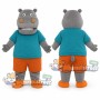 Gray Hippo Mascot Costume with Teal Shirt and Orange Shorts