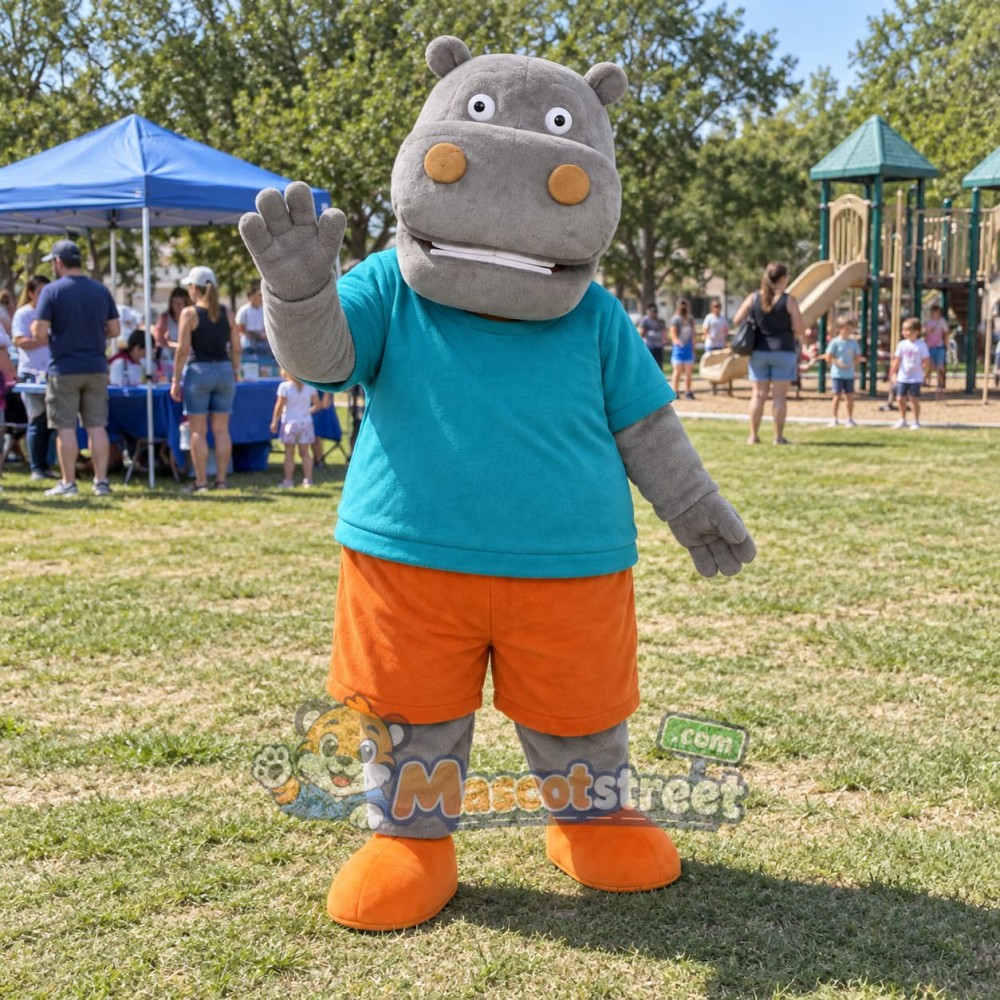 Gray Hippo Mascot Costume with Teal Shirt and Orange Shorts Gray Hippo Mascot Costume with Teal Shirt and Orange Shorts