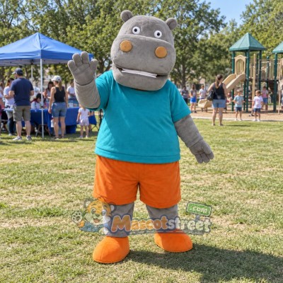 Gray Hippo Mascot Costume with Teal Shirt and Orange Shorts Gray Hippo Mascot Costume with Teal Shirt and Orange Shorts