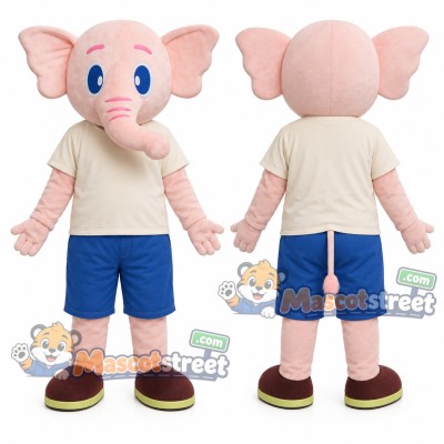 Pink Elephant Mascot Costume with Cream Shirt and Blue Shorts