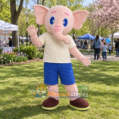 Pink Elephant Mascot Costume with Cream Shirt and Blue Shorts