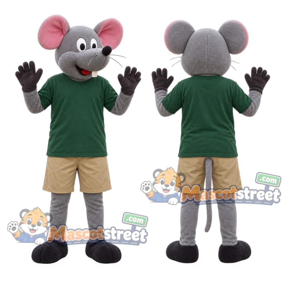 Gray Mouse Mascot Costume with Green Shirt and Khaki Shorts