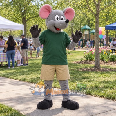Gray Mouse Mascot Costume with Green Shirt and Khaki Shorts