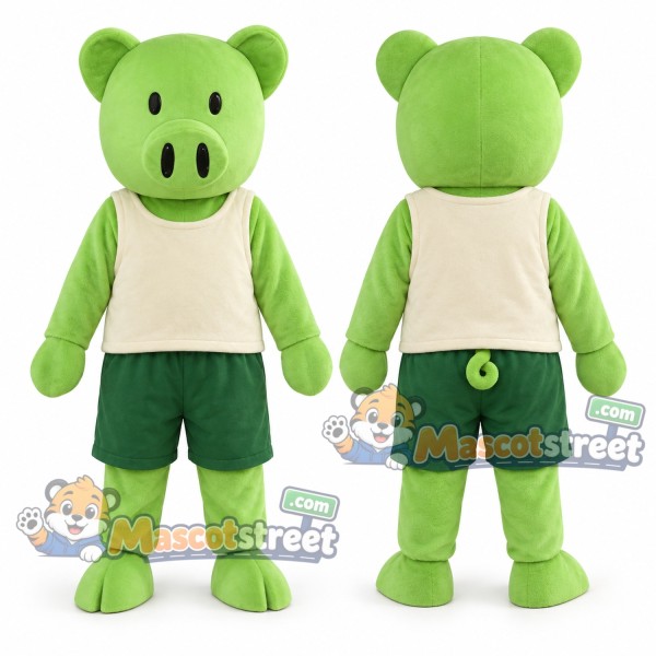 Green Pig Mascot Costume with Cream Shirt and Green Shorts