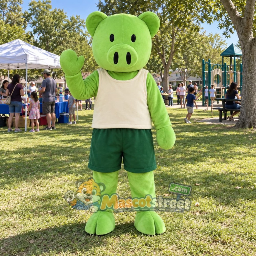 Green Pig Mascot Costume with Cream Shirt and Green Shorts