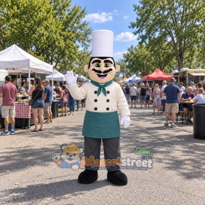 Chef Mascot Costume with White Jacket and Teal Apron