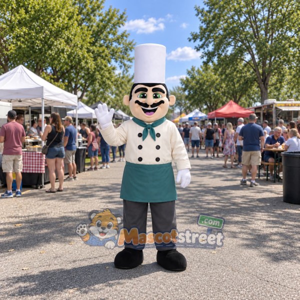 Chef Mascot Costume with White Jacket and Teal Apron