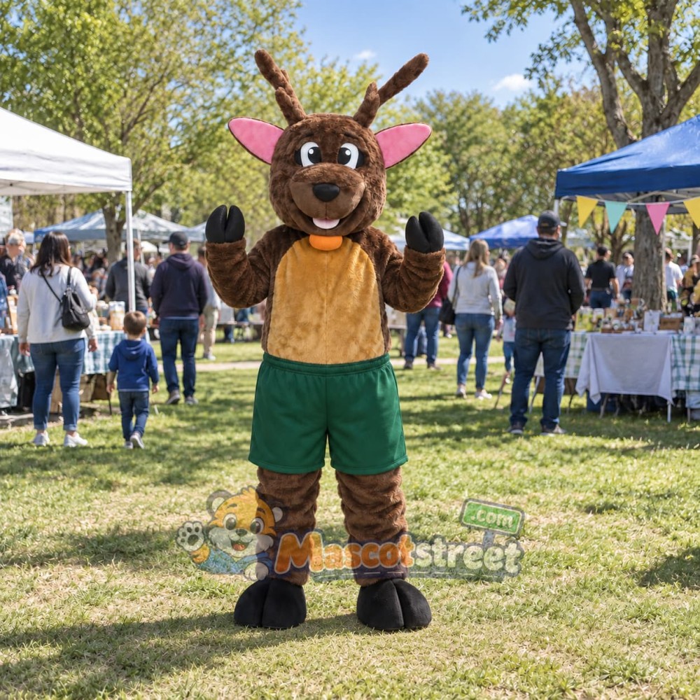 Brown Reindeer Mascot Costume with Green Shorts