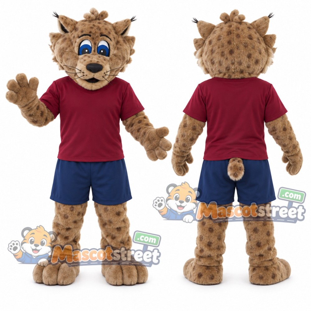 Spotted Wildcat Mascot Costume with Burgundy Shirt and Navy Shorts Spotted Wildcat Mascot Costume with Burgundy Shirt and Navy Shorts