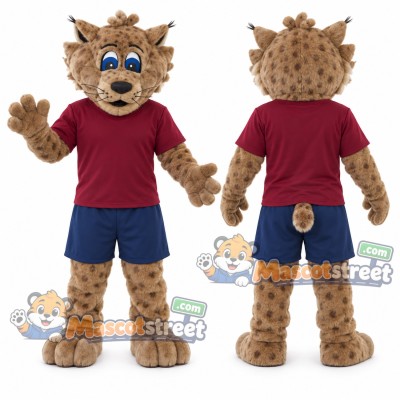 Spotted Wildcat Mascot Costume with Burgundy Shirt and Navy Shorts Spotted Wildcat Mascot Costume with Burgundy Shirt and Navy Shorts